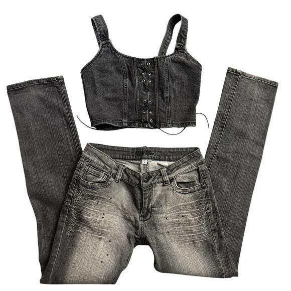 Y2K Baddie 2-Piece Denim Bundle | Low Rise Rhinestone Jeans & Corset Crop Top - Picture 2 of 12